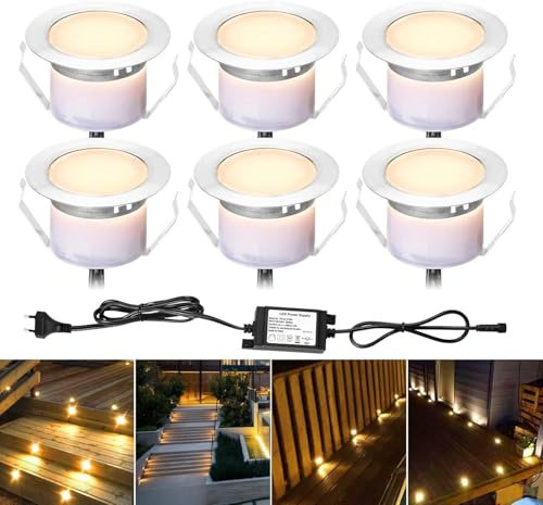 SUBOSI 6er Set LED Bodeneinbaustrahler Außen IP67 Wasserdicht 12V 1W Edelstahl, Warmweiß 2800-3200K Terrassenbeleuchtung Bodenleuchten für Garten Terrasse Treppen Auffahrt [Inkl. Netzteil]