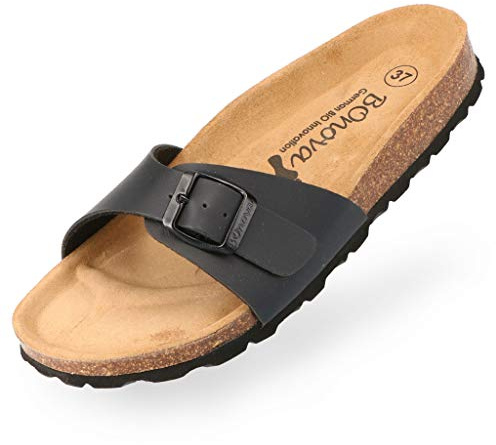 BOnova Damen Pantoletten Teneriffa in Bonoflor schwarz 41, modischer Einriemer mit Korkfußbett - komfortable Sandalen zum Wohlfühlen - hergestellt in der EU