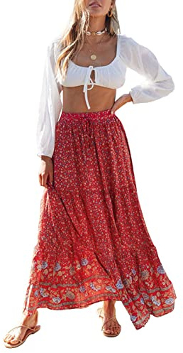 ZESICA Falda Larga de Verano para Mujer, Estilo Bohemio, Estampado Floral, Cintura elástica, Acampanada, con Bolsillos, Rojo #2, Large