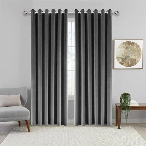 Imperial Rooms Crushed Velvet Curtains 46x54 Inch Grey Blackout Curtains for living room Super Soft Ring Top Thermal Curtain 2 Panel with Matching Tiebacks