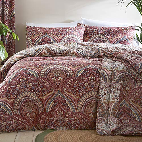 Dreams & Drapes - Housse de couette jacobéenne marron - 230 x 220 cm - 2 taies d'oreiller - Motifs réversibles - Literie bohème marocaine en rouge - Housse de couette persane exotique - Literie bohème