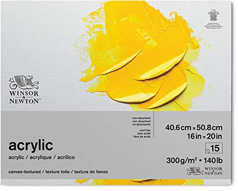 Winsor & Newton 6534004 Akrylpapper i block – 15 ark med kanvasstruktur 40,6 x 50,8 cm, 300 g/m², syrafri, utan optiska blekmedel, åldringsbeständig för akrylfärg och medier, vit