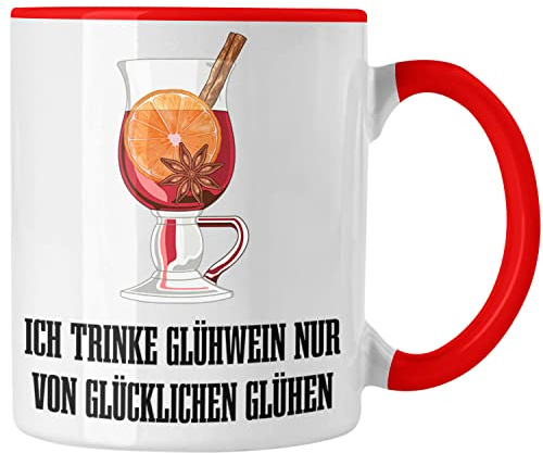 Trendation - Glühwein Tasse Lustig Spruch Glühweinbecher mit Henkel Doppelwandig Glühweintassen Gläser Weihnachtsmarkt Becher Tassen Geschenk - Von Glücklichen Glühen (Rot)