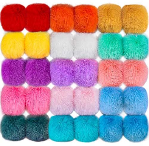 BQTQ 30 Pieces Faux Fur Pom Pom Balls with Elastic Loop Faux Rabbit Fur Fluffy Pom Pom for Hats Keychains Scarves Gloves Bags Accessories (15 Rainbow Colours, 2 Pcs per Colour)