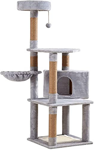 Kratzbaum mit Sisalbedeckten Kratzbäumen, Katzenturmmöbel, gepolsterte Plüschbarsch-Katzenhöhle und Korb für Kätzchen mit baumelndem Ball