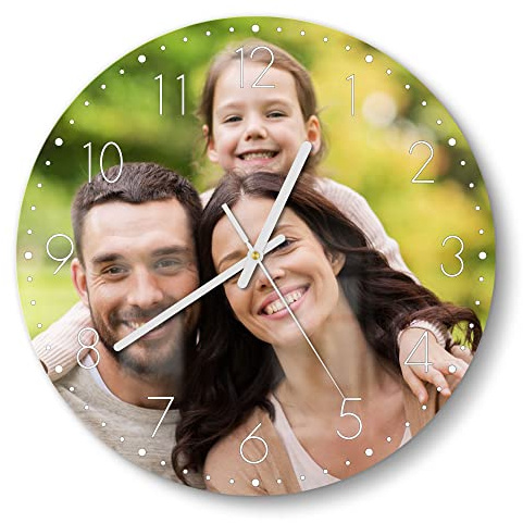 DEQORI personalisierte Glasuhr mit Foto | rund Ø 30 cm, Klassisch, Schwarz | eigenes Bild | ausgefallene leise Design Uhr aus Glas | Wanduhr für Wohnzimmer & Küche | moderne Uhr für die Wand