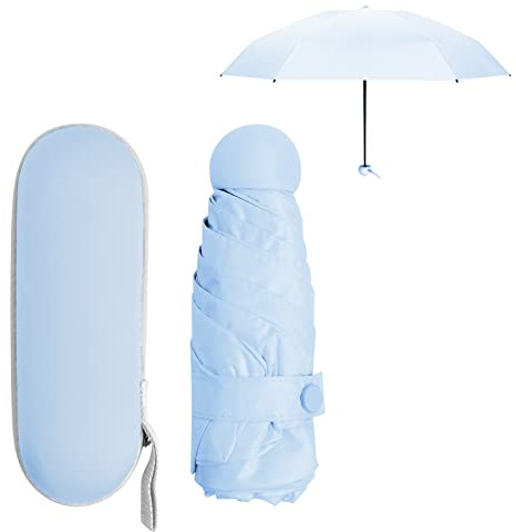 Daelesr Regenschirm Klein für Damen Herren Kinder, 6 Rippen Starker Regenschirme Kompakter mit Etui, Faltbarer Umbrella UV Schutz UPF50+ Winddicht Leicht, Taschenschirm Mini für Reise (Blau)