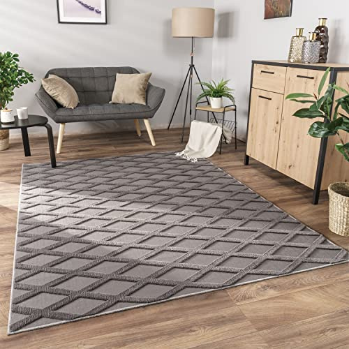 Paco Home Teppich Wohnzimmer Schlafzimmer Kurzflor Modernes Skandinavisches Muster Rauten Motiv Flauschig 3D Grau Anthrazit, Grösse:160x220 cm, Farbe:Anthrazit