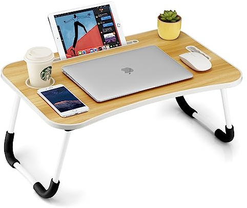FISYOD Faltbarer Laptoptisch, tragbarer Schoßschreibtisch-Betttisch-Tablett, Laptop-Ständer mit Getränkehalter & Tablet-Schlitz & Tragegriff zum Arbeiten, Schreiben, Zeichnen und Essen (Holz)