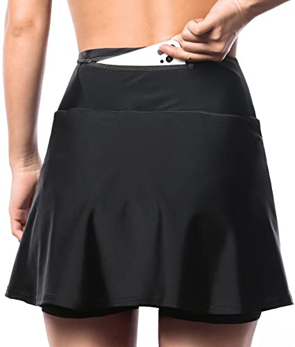 SECXEO Fahrradrock Damen Gepolstert Gel 5D Radlerhose, 2-in-1 Kurz Hose Radrock Damen, Fahrrad Frauen Hosenrock mit Tasche und Hoher Taille, Fahrrad Skort Damen mit Innenhose, Schwarz XXL