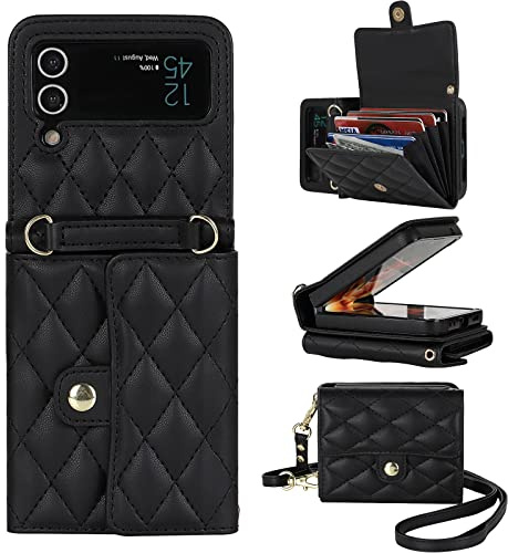 XIZYO für Samsung Galaxy Z Flip 4 Leder Crossbody Brieftasche Klapphülle mit Verstellbarem Abnehmbarem Umhängegurt, für Frauen Mädchen Niedlich Luxus Handyhülle mit Kartenhalter, Schwarz