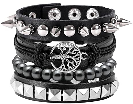 MILAKOO 4 Stk.gewebtes Lederarmband Holzperlenmanschette Herren Nieten Punk Wickelarmband Set，B18