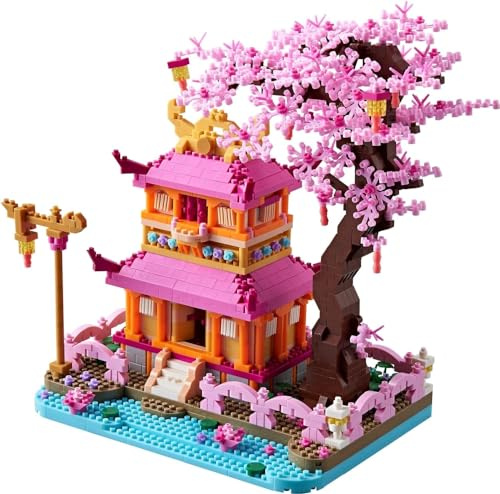 Tirff Bausteine Kirschblütenbaum mit Minifiguren Bausatz, 1810 Klemmbausteine Modular Japanische Kirschblütenbaum Modellbausatz, Sakura Baum Konstruktionsspielzeug Nicht Kompatibel mit L*go Baumhaus