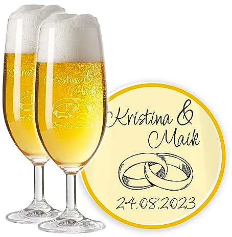 LALALO Leonardo Hochzeit Bierglas Geschenk-Set (2 St.) graviert, Biertulpe/Pilstulpe mit Gravur personalisiert als Hochzeitsgeschenk, Hochzeitstag, Standesamt (Ringtraum)