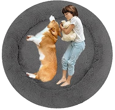 XIEMINLE Rundes Hundebett Hundesofa, Hundebett Mittelgroße Hunde, Orthopädisches Hundebett Welpen Kissen, Donut Haustierbett für Hund, Katzenbett Hundekorb Waschbar, Flauschiges Katzenbett(Ø150cm)