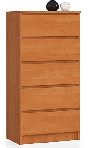 AKORD Kommode K60 mit 5 Schubladen | für das Wohnzimmer Schlafzimmer Schrank Büro Arbeitszimmer | Modernes Funktionales Design | B60 x H121 x T40 cm, Gewicht 39kg | Erle