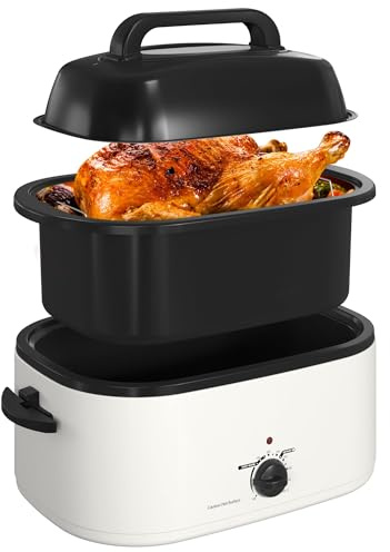 RoyalCraft 22-Quart Electric Roaster Oven with Visible Self-Basting Lid, Turkey Roaster Oven with Removable Pan and Rack, Perfect for Large Meals and Holiday Feasts, White