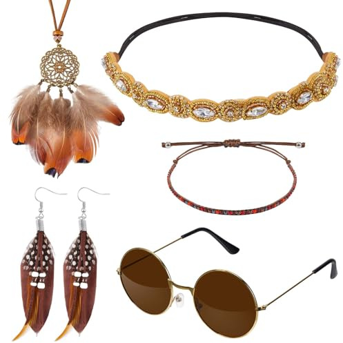 Cindeer 5 Stück Indianer Hippie Kostüm Set inklusive Boho Hippie Stirnband Armband Retro Runde Sonnenbrille Feder Ohrringe Feder Anhänger Halskette Vintage Stamm Mottoparty Karneval für Damen