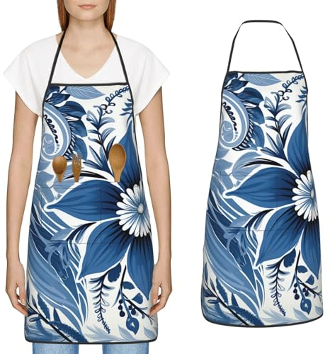 YoupO Kochschürze mit weißem und blauem Muster, mit großen Taschen, Küchenschürze, wasserdicht, Arbeitsschürze für Männer und Frauen, Weiss/opulenter Garten, Einheitsgröße