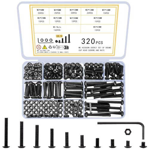 woshilaoDS 320 Pcs M5 Nuts and Bolts Set, M5 Bolts and Nuts Set, Round Head Hexagon Socket Screws Sets, Hex Machine Screws, Hex Socket Button Head Bolt Kit