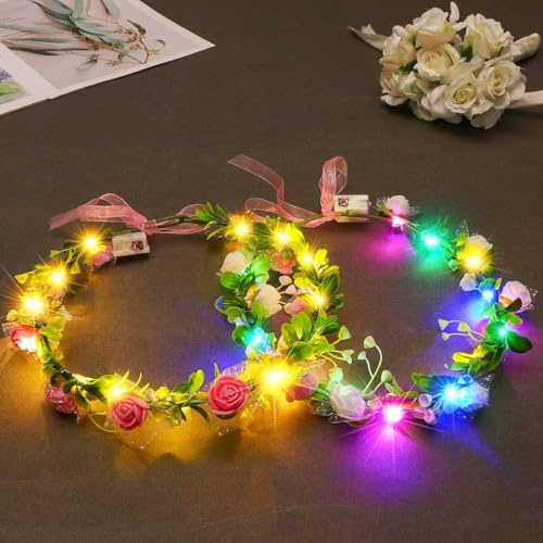 Vakkery LED Blumenkronen leuchtende Blumengirlande Stirnbänder Blumenkranz Kopfschmuck Carnival Haarschmuck für Frauen (2 Stück)