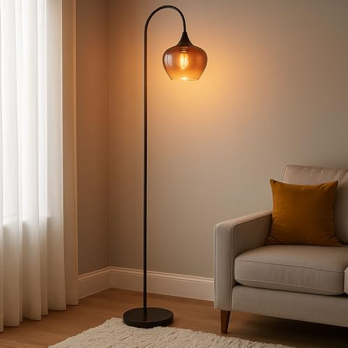 LED Stehleuchte Beistellleuchte Standlampe Glas kupfer schwarz gebogen, 1x E27 Filament LED warmweiß, Höhe 150 cm