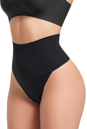 HBselect Tummy Control Thong Shapewear for Women Seamless Shaping Thong Panties with Lace Body Shaper Underwear Girdle Black