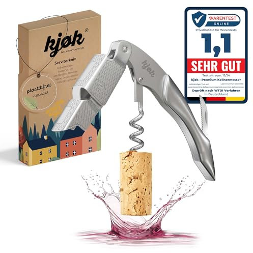 kjøk Premium Sacacorchos de camarero de acero inoxidable macizo cepillado con cortacápsulas, elegante utensilio con cuchillo de sumiller, abridor de vino, abrebotellas profesional