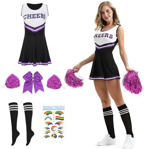 Cheerleader kostym för kvinnor, cheerleading kostym med Pon Pon Cheerleader, cheerleader uniform, vuxen halloween karneval kostym för cosplay för flickor (svart, L)