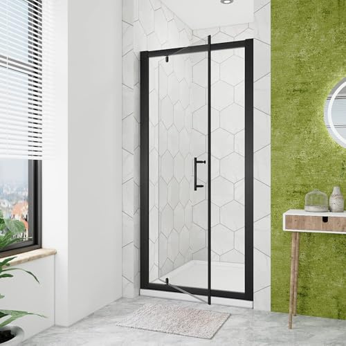 ELEGANT 760mm Black Pivot Hinge Shower Door 6mm Safety Tempered Glass Reversible Shower Enclosure Cubicle for Bathroom