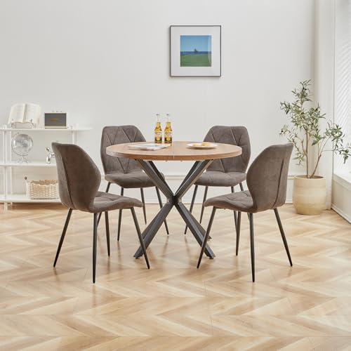 DEYARNA HOME Essgruppe Set Tisch und Stühle, 100cm Runder Esstisch und 4 Leinen-Esszimmerstühle, 4 Stühle & Tisch für Küche, Esszimmer und Wohnzimmer (Schwarz-LX, 100*100*76.5cm (Dunkle Holzfarbe))