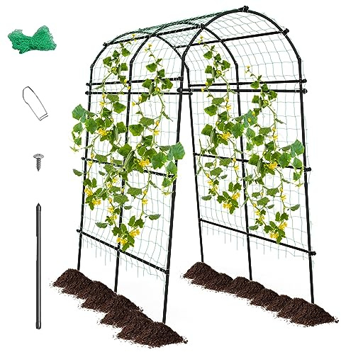 COSTWAY Rankgitter für Kletterpflanzen, Rankhilfe Garten, 230 cm hoch, verstellbare Breite 110-160 cm, aus PE-beschichtetem Metall, Rosenbogen mit Netz, Gartenbogen für Gemüse, Obst, Blumen, Schwarz