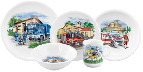 Seltmann Weiden Compact Kindergeschirrset 5-teilig, Teller-Set Schale und Becher für Kinder, Kinderservice mit bunten Motiven, Porzellan, Blaulicht