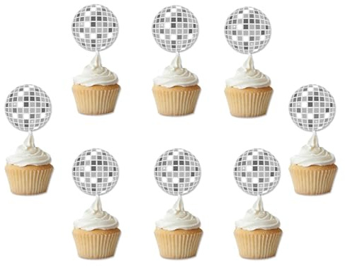 24 Stück Muffin Deko, Discokugel Deko, Mini Discokugel Cupcake Topper, Party Tortendeko für 70er/80er/90er Disco-Themenpartys