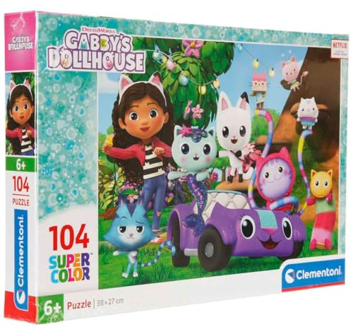 Clementoni - Puzzle per Bambini 104 Pezzi Supercolor, per Bambini 6+ Anni, Illustrazione con Personaggi dal Cartone Gabby's Dollhouse, Idea Regalo, Made in Italy, 38x27 cm, 25034