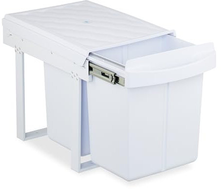 Relaxdays Einbaumülleimer, 2 Fächer, 2X 20 l, HxBxT: 41,3 x 34 x 51,8 cm, ausziehbar, Müllsystem Unterschrank, weiß