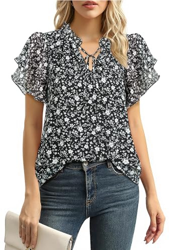 Gaharu Camicia da donna, elegante, a maniche corte, estiva, con scollo a V, maniche a volant, in chiffon, con fiori, per lavoro, casual,, Fiori neri., L