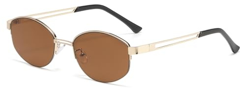 LJCZKA Oval Metal Sunglasses for Women Men Retro Oval Sunglasses Half Frame 90s Trendy Shades UV400 Protection