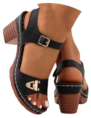 Xbemkste dam låg klack sandaler med justerbart spänne öppna tår eleganta sommarsandaler damer höga klackar skor för vardagen, fest, svart, 41 EU bred