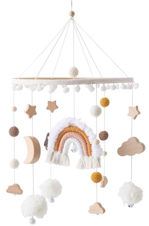Regenbogen Mobile Baby Hölz Babybett Mobile Baby Windspiel mit Filzbällen Wooden Wolke Mond und Stern, Babyzimmer Mobile Baby Neugeborene Jungen Mädchen Anhänger (Brown)