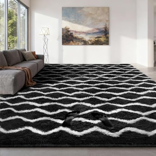 Sour Lemon Alfombra Salón Pelo Largo a Rayas, Alfombra Shaggy Grande Antideslizante para Dormitorio, habitación de los niños, Alfombra Lavable Moderna y Suave, En Blanco y Negro, 200x300 cm