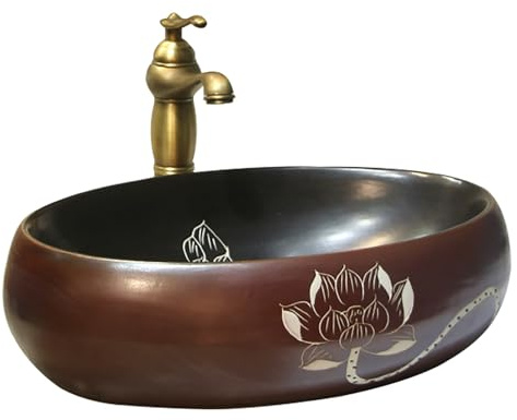 Vasque Ovale en Céramique pour Meuble-Lavabo — Vasque à Poser Style Rétro avec Robinet, Petit et Élégant, pour Maison ou Balcon(Large)