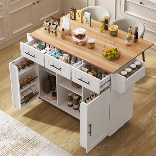 Oslghy Küchenwagen, Kücheninsel Buffetschrank mit Arbeitsplatte klappbar und Rollen, Modern Küchenschrank, Servierwagen mit Verstellbares Regal, Gewürzregal und 3 Schubladen,139x46-71x91.5cm (Weiß)