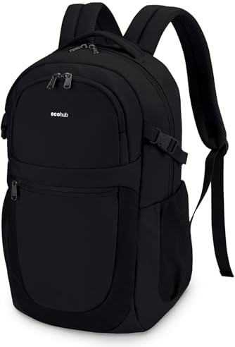 ECOHUB Laptop Rucksack für Damen, Schwarz, 28L | 17,3 Zoll Laptopfach, 12 Fächer, Uni & Arbeit, ca. 540g, wasserabweisend & diebstahlsicher