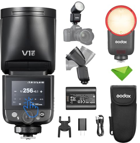 Godox V1 MID F TTL Flash for Fufjilm, Touchscreen Round Head Travel Flash | 1.7s Recycle, 650 Full Power Pops, 2W Modeling Lamp, TTL/HSS 1/8000s, V1MID F Lightweight Speedlite for Fuji X-T5 X100VI X-H2