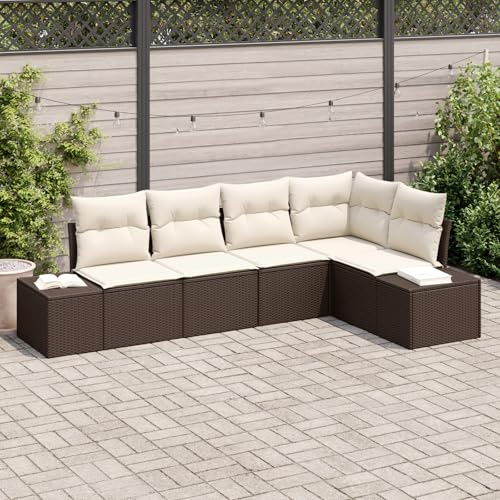 IBUQDDV 5-TLG. Outdoor-Sofagarnitur mit Kissen in Braun und Weiß aus robustem Poly-Rattan, modulares Gartensofa-Set für Terrasse und Gartenbereich, wetterfeste Polsterauflagen