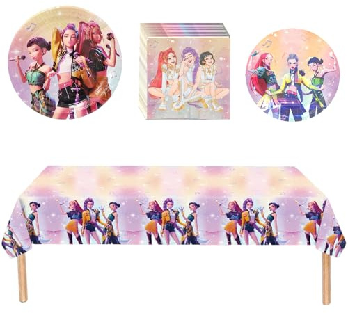 Oirigaga Partygeschirr Set, 41 Stück Korea-Pop-Idol Pappgeschirr mit Pappteller Tischdecke Servietten für 10 Gäste, Bunt Papier Teller & Tischtuch, Party Geschirrset für Geburtstagsdeko & Tischdeko