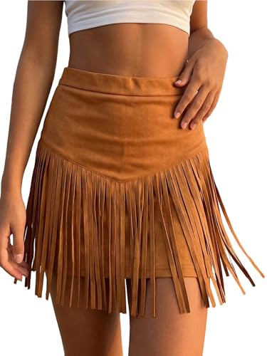 Acrawnni Womens Western Cowgirl Fringe Mini Skirt Vintage Cowgirl Cowboy Outfits High Waisted A Line Faux Suede Party Skirts (A-Light Brown, L)