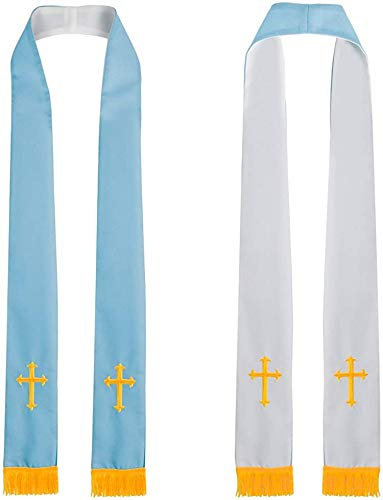 GraduatePro Church Clergy Stole Pastor Reversible 90 Pastor Choir with Gold Hand Embroidery Cross Tassel Unisex Blue White