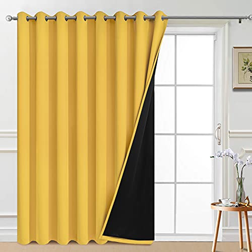 Yakamok 100% Wide Blackout Curtains for Sliding Glass Door, Grommet Light Blocking Thermal Insulated Room Divider Curtain for Living Room, 1 Panel,8.3ft Wide x 7ft Tall, Mustard Yellow | Noise Reducing Barrier Panel for Sliding Glass Door, 2 Thick Layers Heat Full Light Blocking Patio Door Drapery